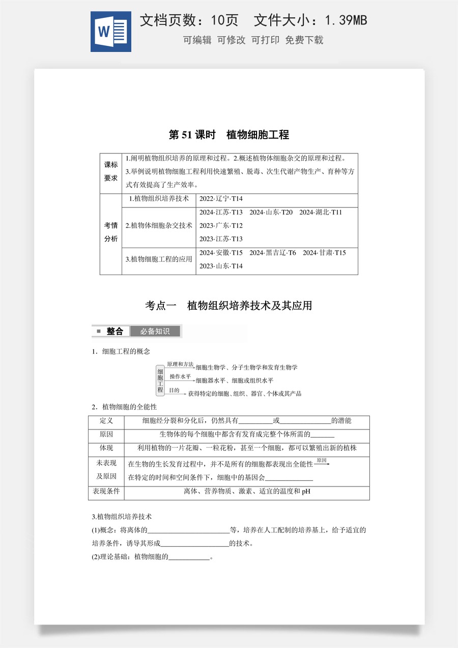 第十单元　生物技术与工程第十单元　第51课时　植物细胞工程.docx